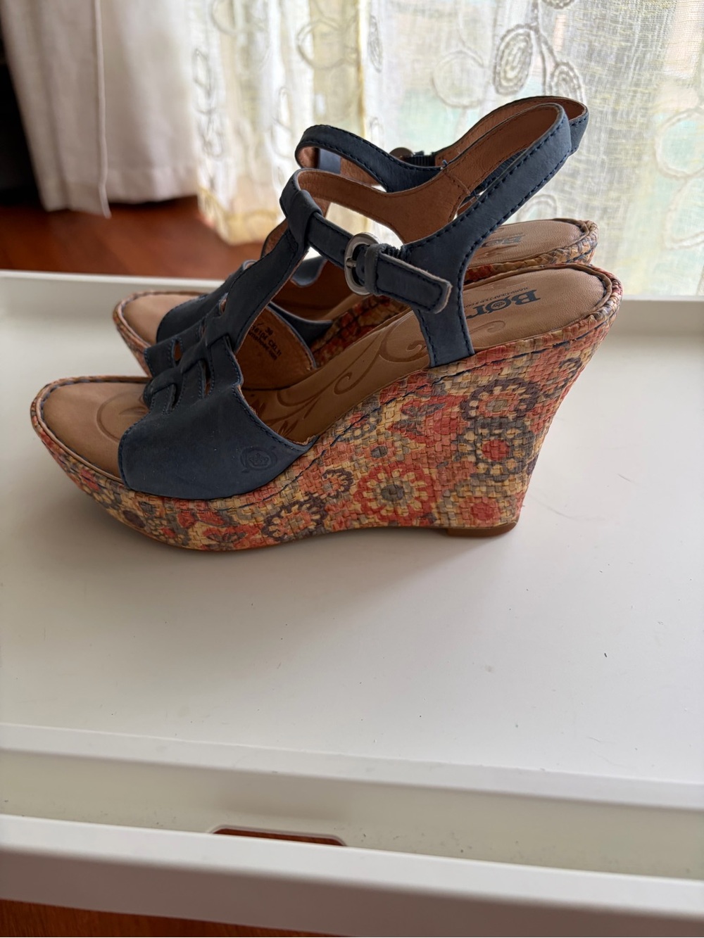 Born Navy T-Strap Wedge Sandals with Braided Trim - Picture 4 of 10